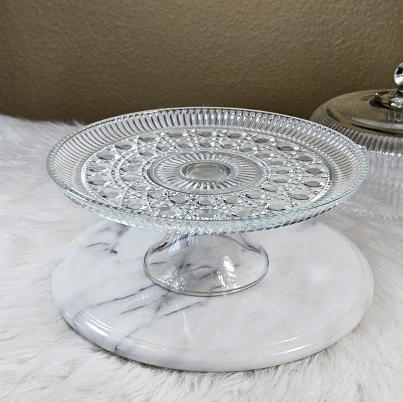 Anchor Hocking Monaco Ribbed Glass Cake Dome And Windsor Button Cane Plate - Picture 7 of 7